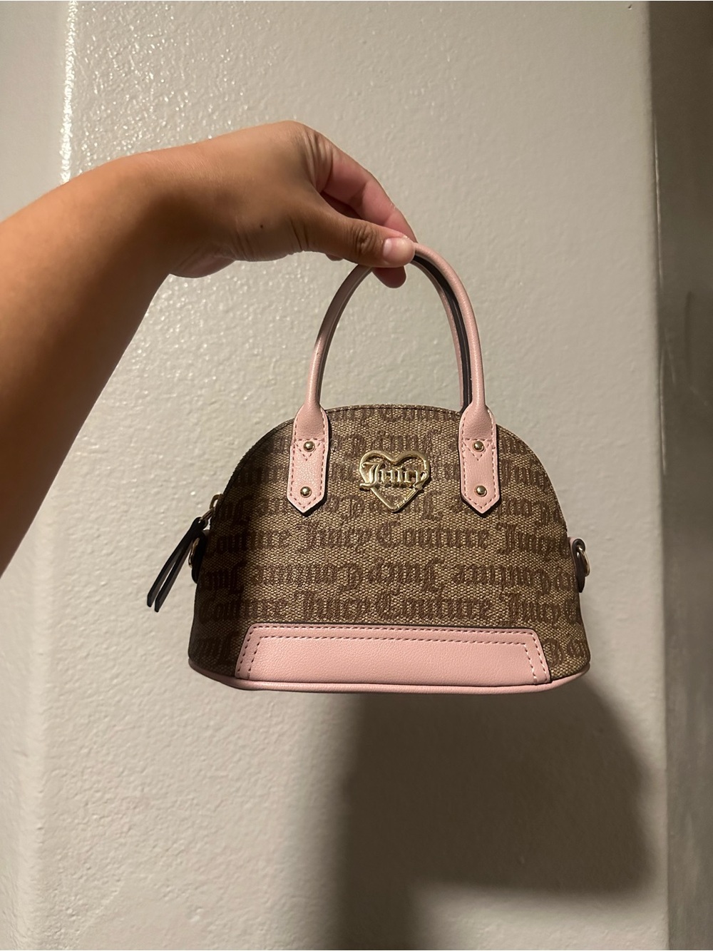 Juicy Couture Brown Monogram Mini Satchel with Pink Trim